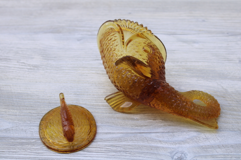 photo of vintage amber glass dolphin fish covered box or candy dish, Kemple style pressed glass #5