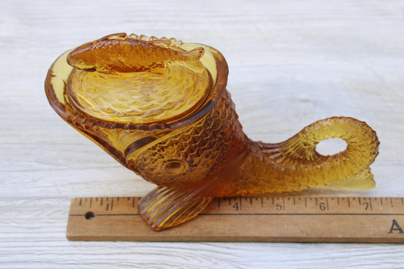 photo of vintage amber glass dolphin fish covered box or candy dish, Kemple style pressed glass #6