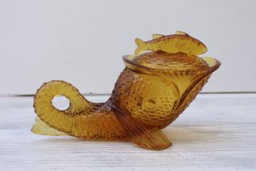 catalog photo of vintage amber glass dolphin fish covered box or candy dish, Kemple style pressed glass