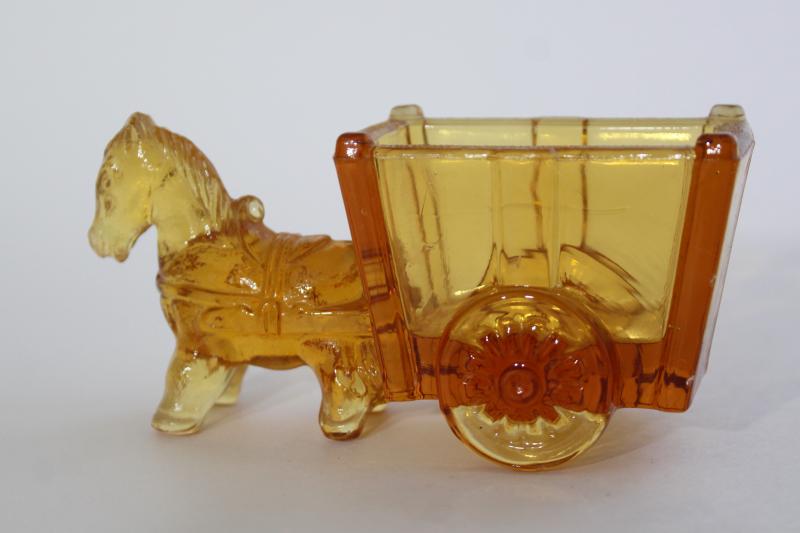 photo of vintage amber glass donkey cart, old candy container, toothpick or match holder glass novelty #2