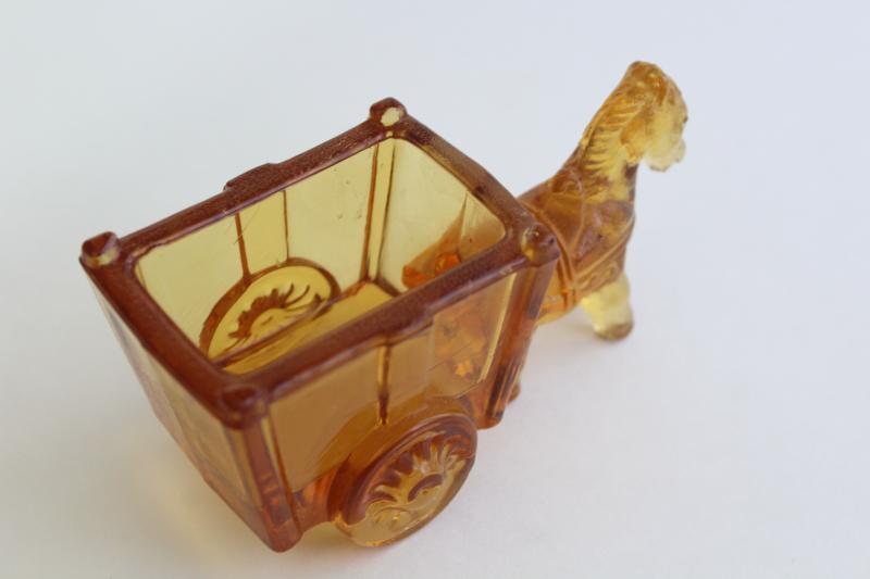 photo of vintage amber glass donkey cart, old candy container, toothpick or match holder glass novelty #6