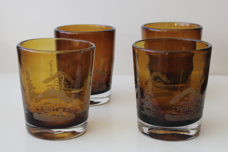 photo of vintage amber glass drinking glasses, big double old fashioneds Woodland cabin in the pines #1