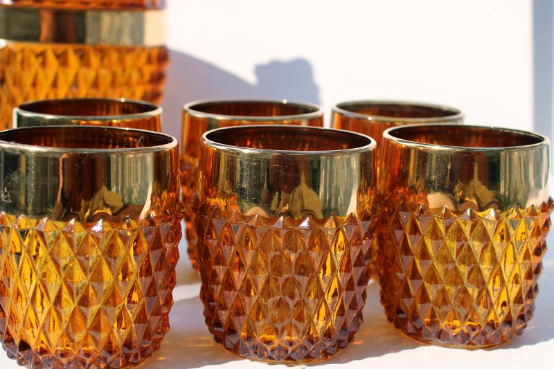 photo of vintage amber glass drinks set, diamond point gold band lowball glasses & ice bucket #3