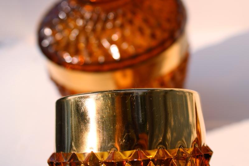 photo of vintage amber glass drinks set, diamond point gold band lowball glasses & ice bucket #6