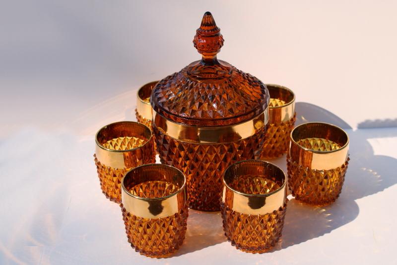 photo of vintage amber glass drinks set, diamond point gold band lowball glasses & ice bucket #7