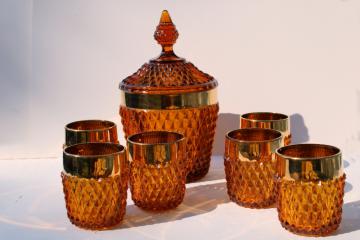 catalog photo of vintage amber glass drinks set, diamond point gold band lowball glasses & ice bucket