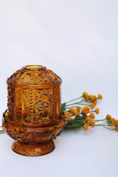 catalog photo of vintage amber glass fairy light candle lamp, Indiana glass stars & bars pattern