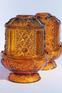 catalog photo of vintage amber glass fairy lights, Indiana glass candle lamp candle holders pair