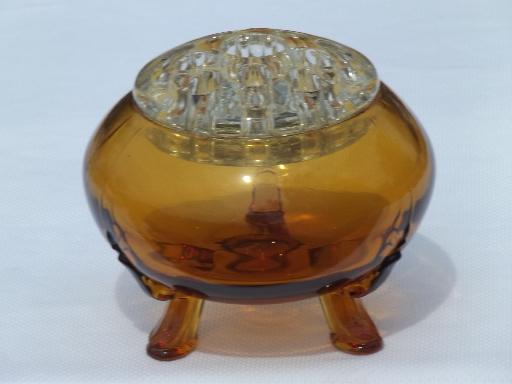 photo of vintage amber glass footed bowl w/ flower frog for ball shaped bouquets #1