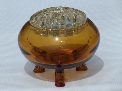 photo of vintage amber glass footed bowl w/ flower frog for ball shaped bouquets #2