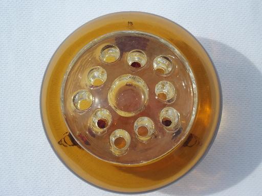 photo of vintage amber glass footed bowl w/ flower frog for ball shaped bouquets #3