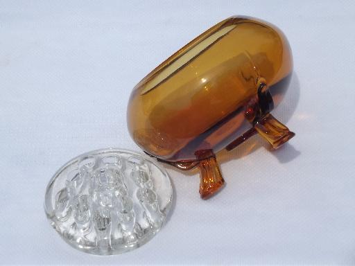 photo of vintage amber glass footed bowl w/ flower frog for ball shaped bouquets #4