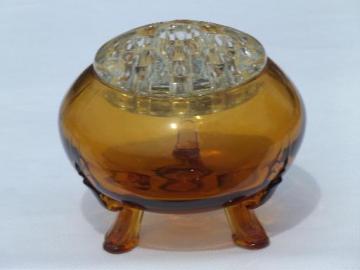 catalog photo of vintage amber glass footed bowl w/ flower frog for ball shaped bouquets