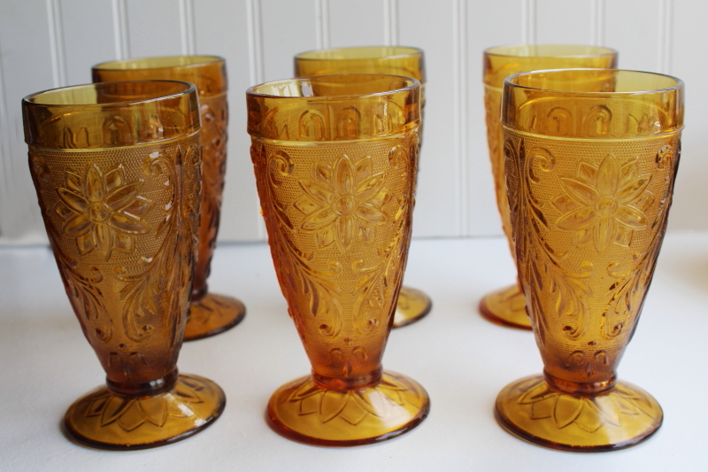 photo of vintage amber glass footed tumblers iced tea glasses, Tiara / Indiana sandwich daisy pattern #1