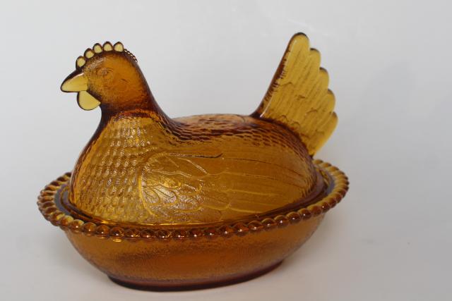photo of vintage amber glass hen on nest covered dish or trinket box, 1980s Indiana glass #1