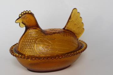 catalog photo of vintage amber glass hen on nest covered dish or trinket box, 1980s Indiana glass