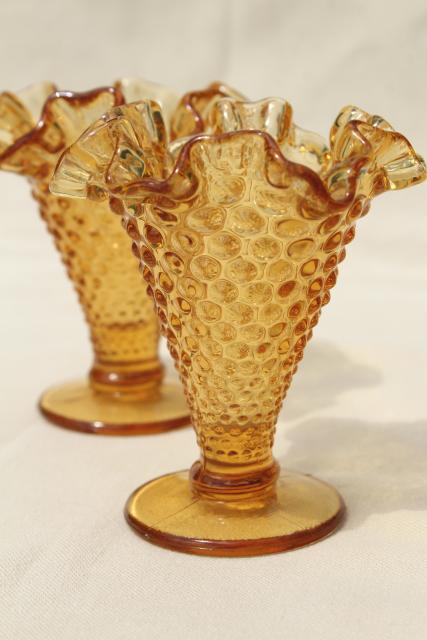 photo of vintage amber glass hobnail Fenton mini vases, crimped ruffle footed vase pair #1