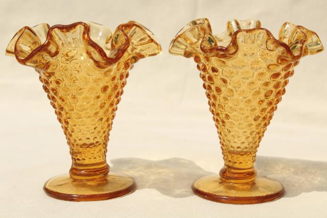 photo of vintage amber glass hobnail Fenton mini vases, crimped ruffle footed vase pair #2