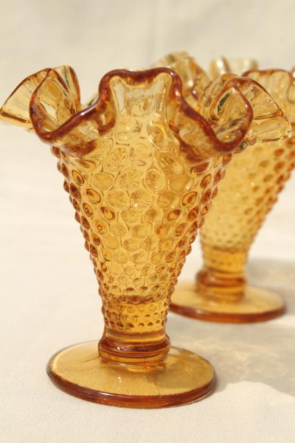 photo of vintage amber glass hobnail Fenton mini vases, crimped ruffle footed vase pair #3