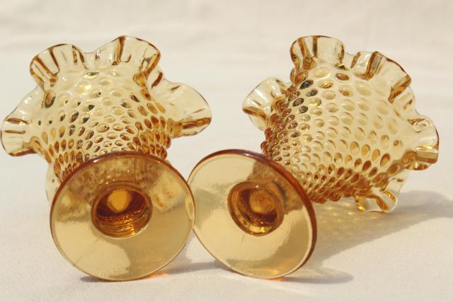 photo of vintage amber glass hobnail Fenton mini vases, crimped ruffle footed vase pair #5