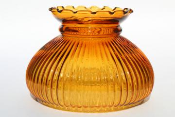 catalog photo of vintage amber glass lampshade, replacement ribbed glass student lamp desk light shade