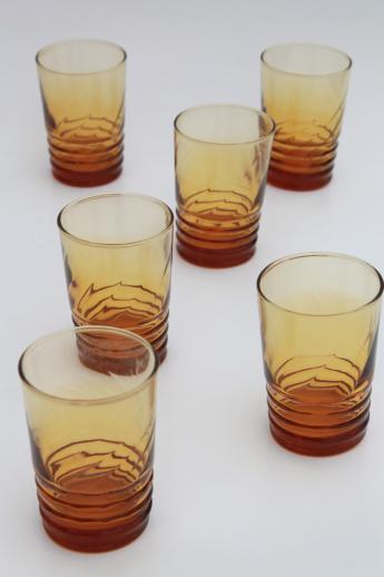 photo of vintage amber glass low balls old-fashioned glasses, set of Libbey optic swirl tumblers #1