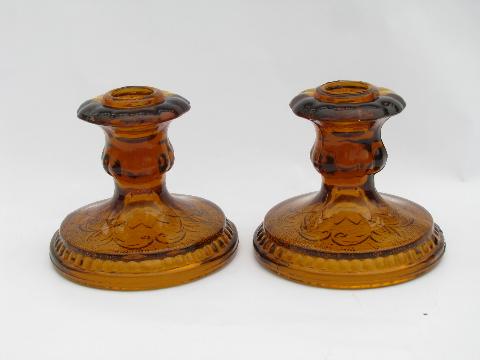 photo of vintage amber glass low candlesticks, Indiana daisy pattern sandwich glass #1