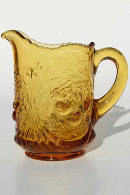 photo of vintage amber glass milk pitcher creamer, LG Wright cherry cherries pattern glass #2