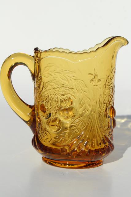 photo of vintage amber glass milk pitcher creamer, LG Wright cherry cherries pattern glass #4