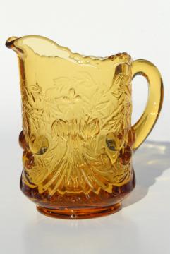 catalog photo of vintage amber glass milk pitcher creamer, LG Wright cherry cherries pattern glass