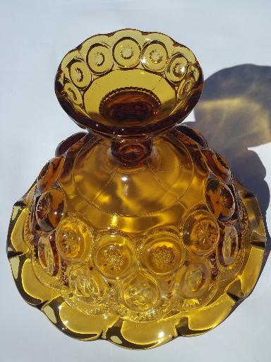 photo of vintage amber glass moon and stars pattern compote, tall crimped candy dish #3