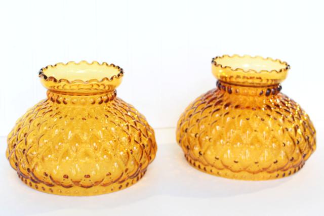 photo of vintage amber glass quilted lampshades, replacement student lamp desk light shade pair #1