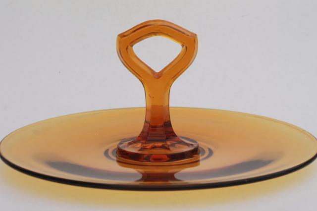 photo of vintage amber glass serving plate, sandwich or cake tray w/ center handle #2