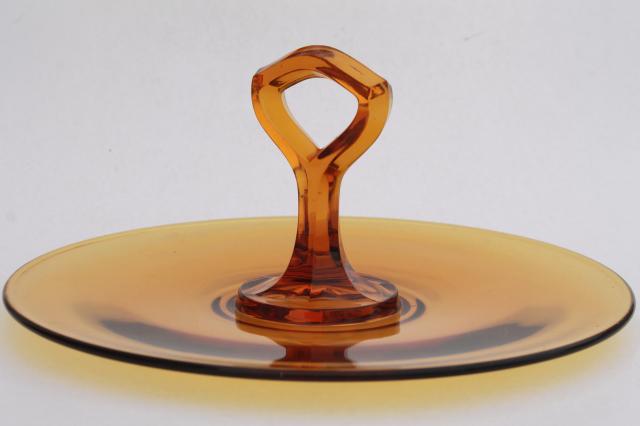 photo of vintage amber glass serving plate, sandwich or cake tray w/ center handle #4