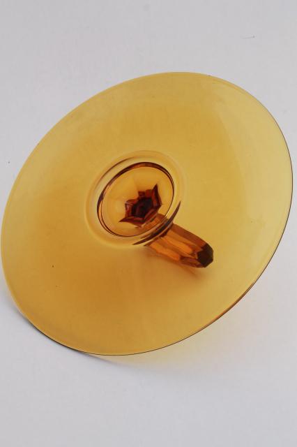 photo of vintage amber glass serving plate, sandwich or cake tray w/ center handle #5