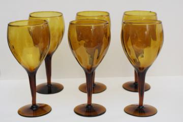 catalog photo of vintage amber glass stemware, hand blown glass water goblets or wine glasses set