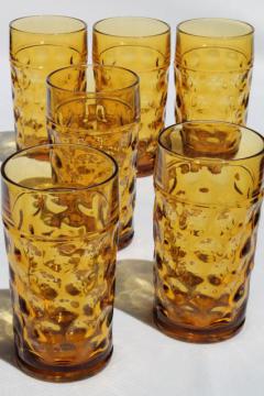 catalog photo of vintage amber glass tumblers, never used set of 6 thumbprint pattern glasses