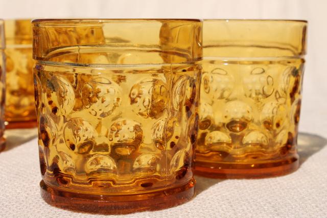 photo of vintage amber glass tumblers, optic dot round thumbprint coin spot dotted drinking glasses #3