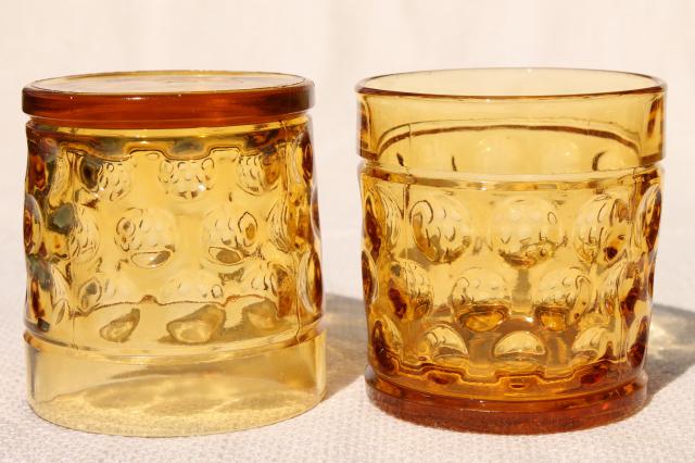 photo of vintage amber glass tumblers, optic dot round thumbprint coin spot dotted drinking glasses #4
