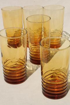 catalog photo of vintage amber glass tumblers, stacked ring base w/ spiral optic pattern, Libbey drinking glasses