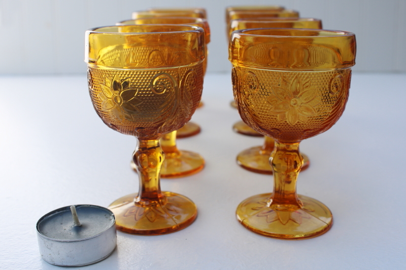 photo of vintage amber glass wine glasses candle fairy lights, Tiara / Indiana sandwich daisy pattern #3