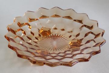 catalog photo of vintage amber glassware, American pattern Fostoria bonbon dish three toed plate