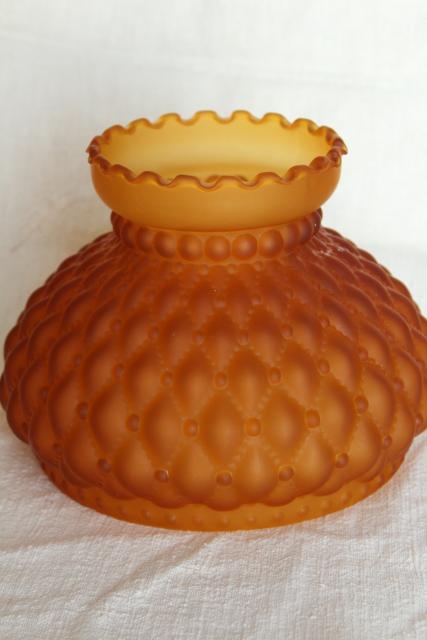 photo of vintage amber satin glass lamp shade, quilted pattern frosted glass deep gold color #1