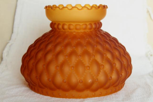 photo of vintage amber satin glass lamp shade, quilted pattern frosted glass deep gold color #2