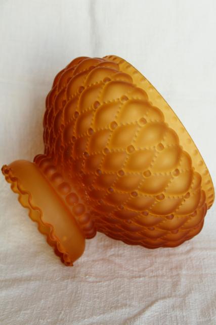 photo of vintage amber satin glass lamp shade, quilted pattern frosted glass deep gold color #3