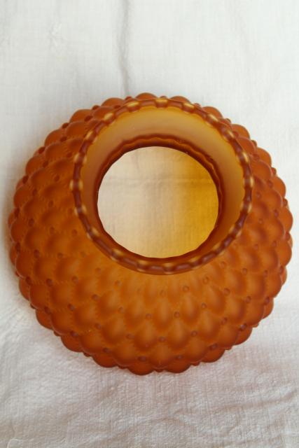 photo of vintage amber satin glass lamp shade, quilted pattern frosted glass deep gold color #4