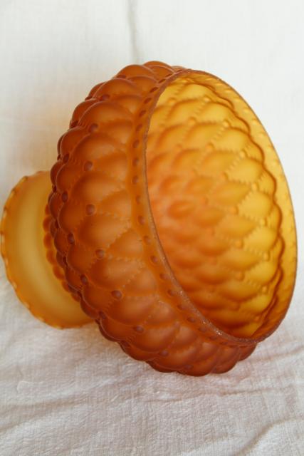 photo of vintage amber satin glass lamp shade, quilted pattern frosted glass deep gold color #5
