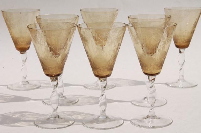 photo of vintage amber smoke etched cut glass colonial couple stemware, crystal twist stem glasses  #1