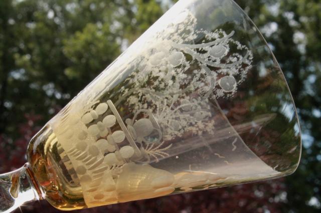 photo of vintage amber smoke etched cut glass colonial couple stemware, crystal twist stem glasses  #2