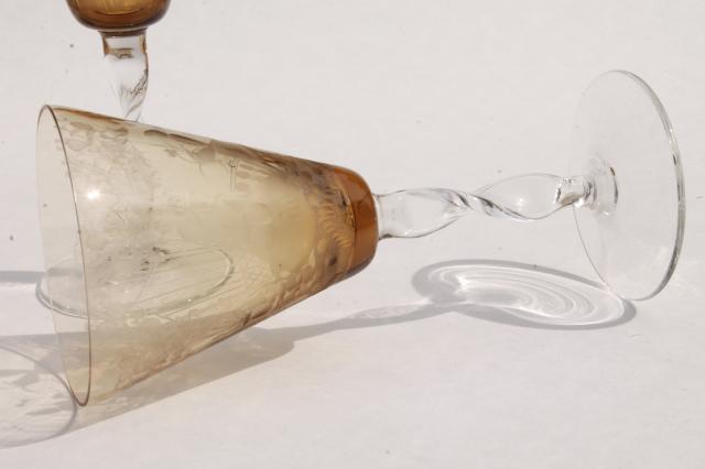 photo of vintage amber smoke etched cut glass colonial couple stemware, crystal twist stem glasses  #5